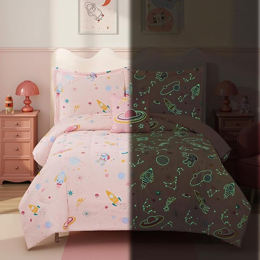 Glow in The Dark Kids Comforter Set Full Size for Girls, Planet Bedding Set 1 Comforter, 1 Decor Pillow, 2 Pillow Shams