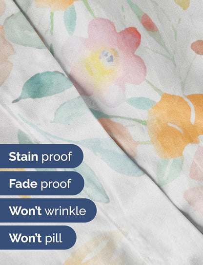 Floral Sheets - Flower Print Bed Sheet Set - 1 Flat, 1 Fitted & 2 Pillowcases w/ Deep Pockets - Comfy, Cozy, Wrinkle & Fade Free - Boho Botanical Bedding - Soft, Breathable & Cooling - Queen Size Set
