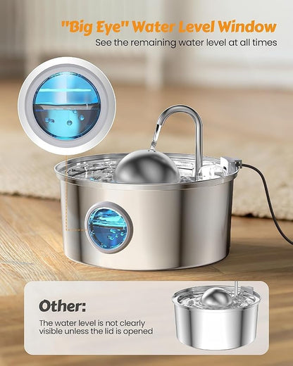 AONBOY Cat Water Fountain with 6 Filters + 3 Sponge Filters | 108oz/3.2L Cat Fountain Stainless Steel with Water Level Window Faucet Shape Dog Water Fountain Multi Filtration