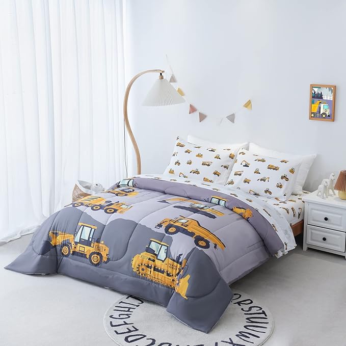 Cokouchyi Twin Size Comforter Set for Boys, 4-Piece Bed in a Bag, 3D Construction Bedding Comforter Sheet Set, Ultra Soft and Fluffy, Cartoon Truck Cars