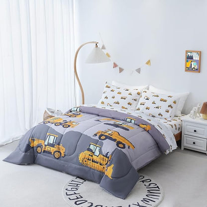 Cokouchyi Twin Size Comforter Set for Boys, 4-Piece Bed in a Bag, 3D Construction Bedding Comforter Sheet Set, Ultra Soft and Fluffy, Cartoon Truck Cars
