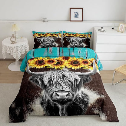 Highland Cow Comforter Set Twin Size (Not Real) Cowhide Print Bedding Sets Sunflower Floral Duvet Insert Cow Fur Print Down Comforter Rustic Blue Wooden Barn Door Quilt Funny Farm Animals Quilt