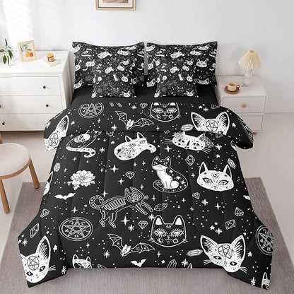 Castle Fairy Bohemia Cat Comforter Set King Size,Gothic Cats Bats Skull Bed Set 7pcs with Comforter,Fitted Sheet,Flat Sheet,2 Pillowcases,2 Throw Pillow Covers,Glitter Star Diamond Bedding Set