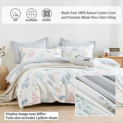White Cotton Comforter Twin Size 2Pcs - Blue, Beige and Blush Botanicals Pattern on White, Gray Grid Back, Reversible Lightweight Bedding Sets with Soft Fill(1 Comfoter, 1 Pillowcase)