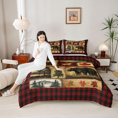 Erosebridal Rustic Comforter Set King, Farmhouse Deer Bear Cabin Plaid Christmas Bedding, Country Western Bedding Set, Woodland RV Duvet Insert, Maple Leaf Lodge Quilt Comforter, Burgundy Red Brown