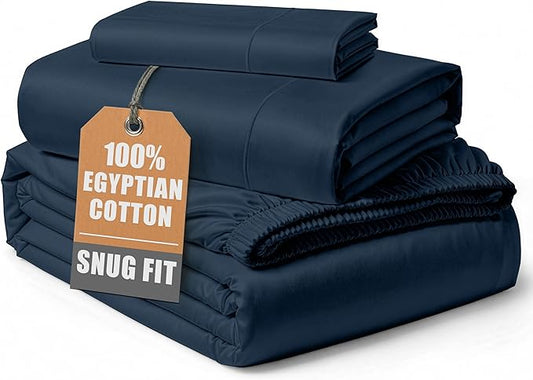 LANE LINEN 100% Egyptian Cotton Twin Sheets Set, Soft & Comfy Sateen Weave No Pill Mercerized Cotton Sheets, Fully Elasticized Reinforced French Seam Fitted Twin Bedding – Dark Denim