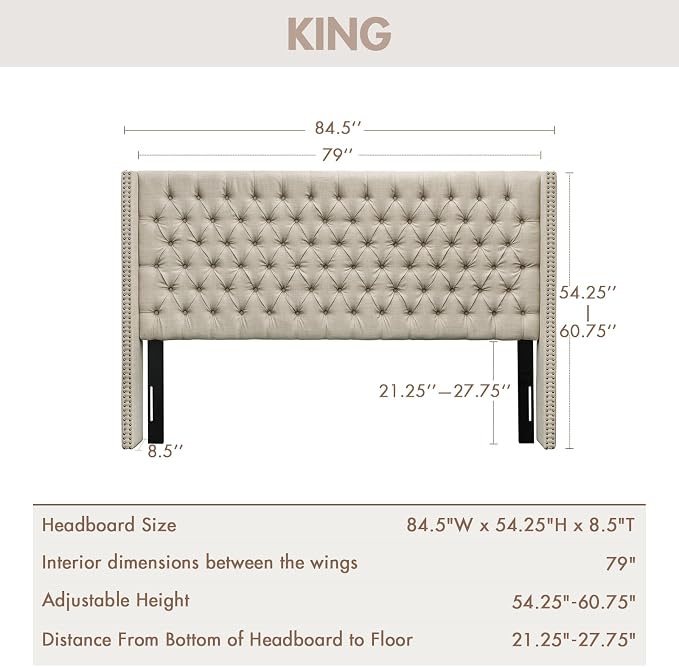 Madison Park King Wingback Upholstered Tufted Headboard, Featuring High-Density Sponge Padding, Adjustable Height Headboard, Easy Assembly, Beige Woven