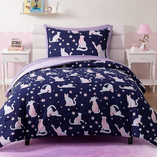 Twin Comforter Set for Girls, Kids - 5 Pieces Cute Cat Patterns Twin Bedding Sets for Girls Boys Teen, Soft Cozy Bed in A Bag with Sheets