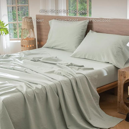 MooMee Bedding Sheet Set 100% Washed Cotton Linen Like Textured Breathable Durable Soft Comfy (Heathered Sage Green, Full)