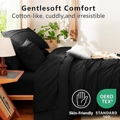 CozyLux Queen Comforter Set Black, 7 Pieces Soft Pinch Pleat Bed in a Bag Queen Comforter Set with Sheets, Boho Bed Set with Down Alternative Comforter, Sheets, Pillowcases & Shams