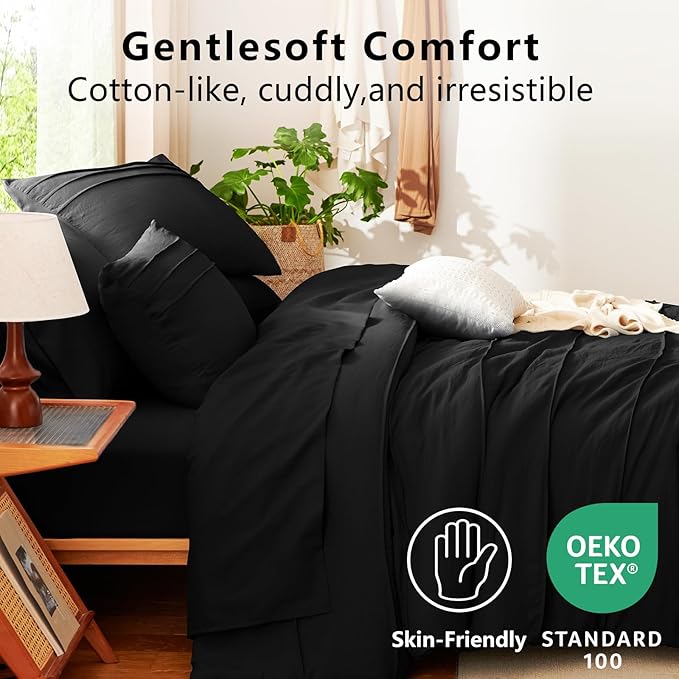 CozyLux King Size Comforter Set Black, 7 Pieces Soft Pinch Pleat Bed in a Bag King Comforter Set with Sheets, Boho Bed Set with Down Alternative Comforter, Sheets, Pillowcases & Shams