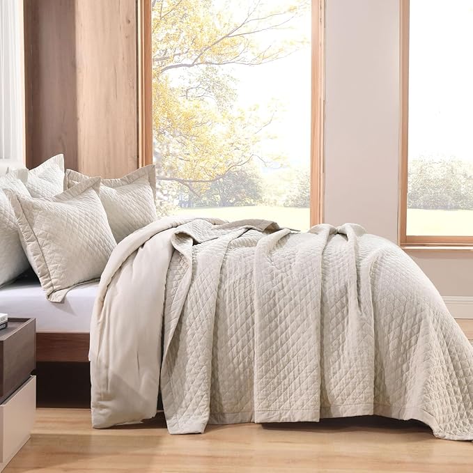 Grassix Linen Quilt Set King Size 3-Piece, 100% Linen Front & Cotton Back, Prewashed Diamond Stitch Bedspread with 2 Shams, Lightweight Breathable Quilt for Hot Sleepers, Modern Farmhouse Bedding