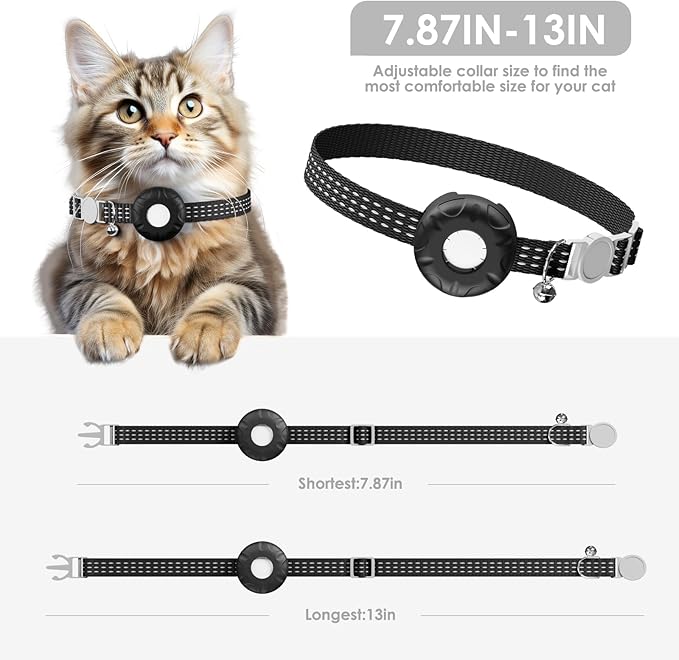 Cat Tracker, No Monthly Fee GPS Tracker, Compatible with Apple Find My App(Only iOS), Waterproof Cat Trackers Collar with Bell and Safety Elastic Buckle, Real-Time Location, Pet Trackers, Black