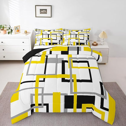 Grey Golden Black White Comforter Set,Colorful Geometric Square Bedding Set for Kids Boys Girls Bedroom Decor,Grid Plaid Stripes Quilted Duvet Twin,Modern Simple Style Graphic Down Comforter