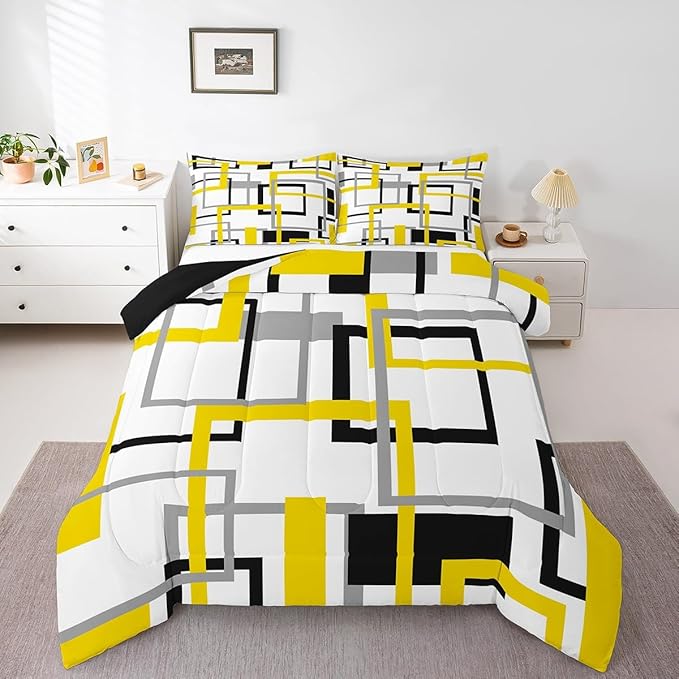 Grey Golden Black White Comforter Set,Colorful Geometric Square Bedding Set for Kids Boys Girls Bedroom Decor,Grid Plaid Stripes Quilted Duvet Queen,Modern Simple Style Graphic Down Comforter