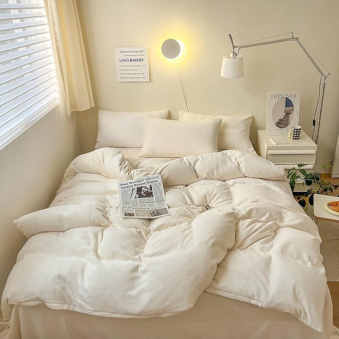 Luxlovery Fluffy White Velvet Comforter Set - Full, Plush, Warm Sherpa Micromink Comforter with 2 Pillowcases