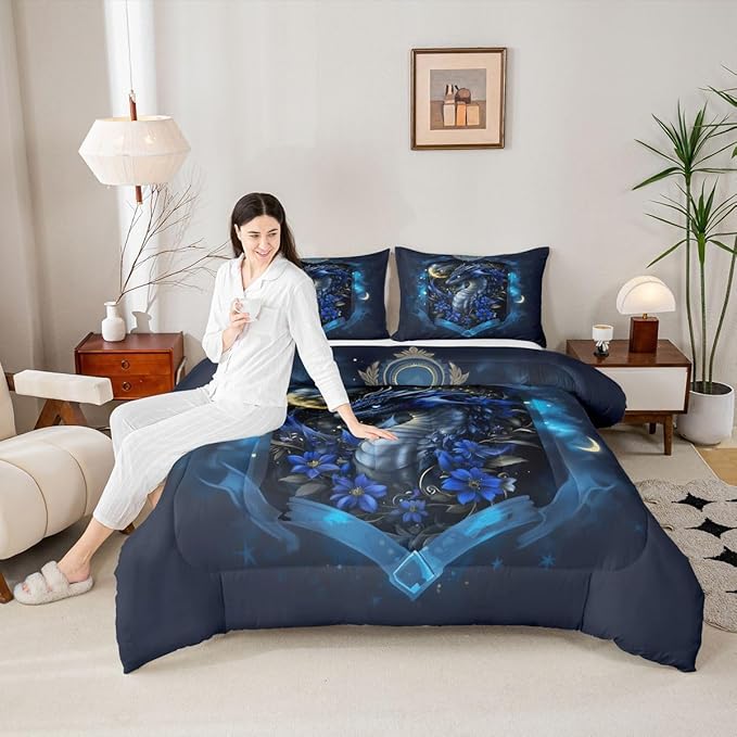 Feelyou Dragon Bedding Set Soft for Boys Girls, Wild Life Comforter Set Toddler Size Jungle Dragon Duvet Quilt Microfiber Wild Animal Bedroom Decor Dull Blue 2 Pcs with 1 Pillow Cases
