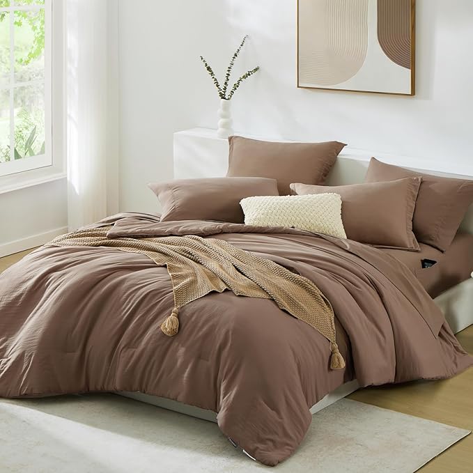 WRENSONGE Full Size Comforter Sets, 7 Pieces Soft Brown Bed in a Bag with Fitted Sheet, Flat Sheet, 2 Pillow Shams, 2 Pillowcases, Warm Bedding Sets for All Season