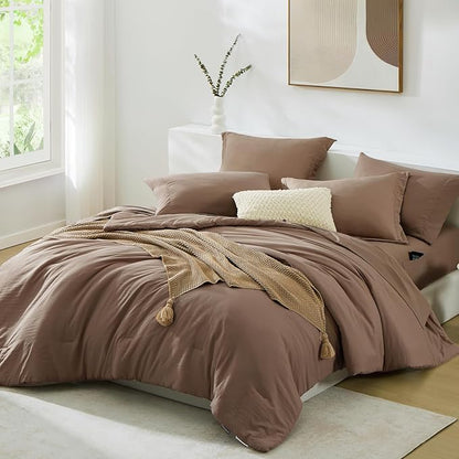 WRENSONGE Queen Size Comforter Sets, 7 Pieces Soft Brown Bed in a Bag with Fitted Sheet, Flat Sheet, 2 Pillow Shams, and 2 Pillowcases- Warm Bedding Sets for All Season