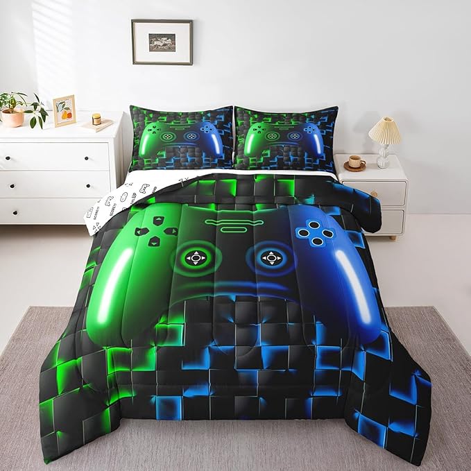 Erosebridal Gaming Comforter Sets for Boys,Queen Size Bedding Sets for Boys Girls Kids 3D Gamer Geometric Comforter,Game Console Lightweight Microfiber Duvet Quilt,Neon Green Blue Black Glowing
