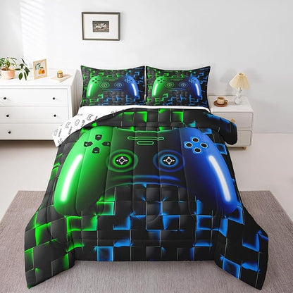 Erosebridal Gaming Comforter Sets for Boys,Queen Size Bedding Sets for Boys Girls Kids 3D Gamer Geometric Comforter,Game Console Lightweight Microfiber Duvet Quilt,Neon Green Blue Black Glowing