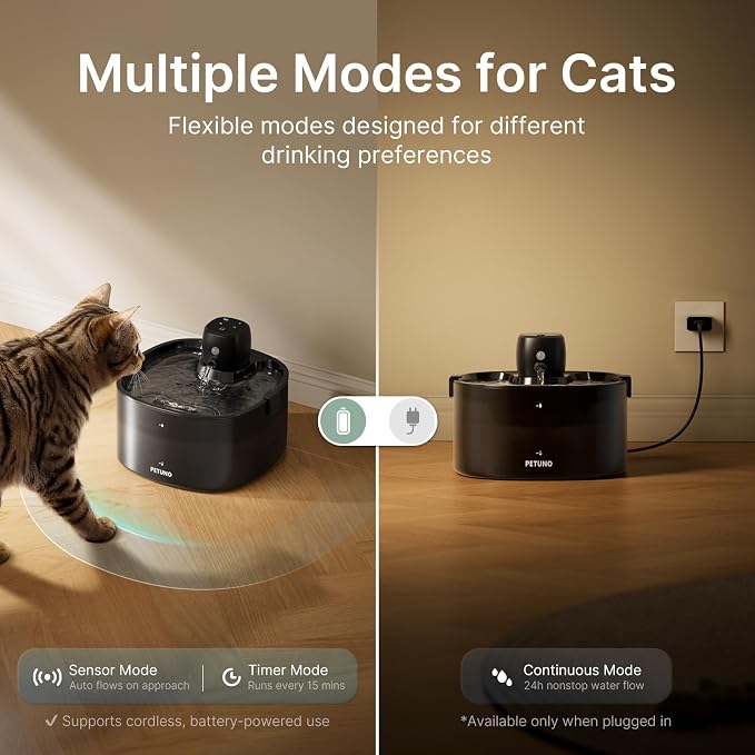Cordless Cat Water Fountain, Battery Operated, Black, 78oz/2.3L | Wireless Cat Fountain Rechargeable 4000mAh, Motion Sensor, Ultra-Quiet Pump, Locking Lid, Automatic Pet Fountain