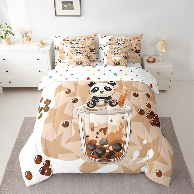 Cartoon Bubble Milk Tea 7 Pcs Bedding Sets Cute Panda Wild Animal Comforter Set for Kids Boys Girls Teens All Season (Comforter,Flat Sheet,Fitted Sheet,2 Pillowcases,2 Pillow Covers) Queen Size