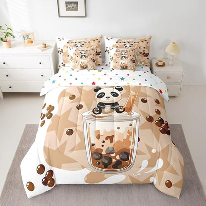 Cartoon Bubble Milk Tea 7 Pcs Bedding Sets Cute Panda Wild Animal Comforter Set for Kids Boys Girls Teens All Season (Comforter,Flat Sheet,Fitted Sheet,2 Pillowcases,2 Pillow Covers) Queen Size