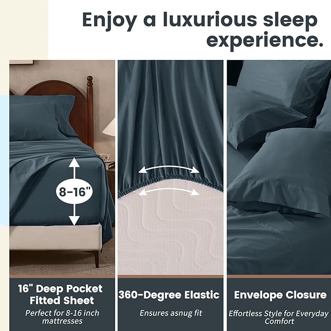 100% Linen Sheets King Size,Breathable & Durable 4-Piece Bed Flax Sheet Set,Soft All-Season Bedding for Hot Sleepers 16" Deep Pocket Oeko-TEX Certified,（King, Navy Grey）