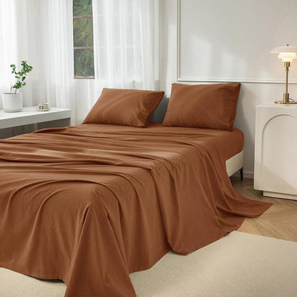 JIYUAN California King Size Sheet Set, 4-Piece - 100% Washed Cotton, Linen-Like Soft & Breathable, Includes Deep Pocket Fitted & Flat Sheet with 2 Pillowcases, Hotel Quality, Solid Dark Orange