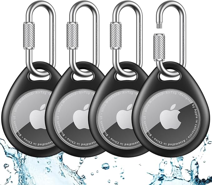 UNBREAKcable for AirTag Holder Case with Professional Carabiner, 4 Pack | Waterproof, Shockproof, Hold Securely, Easy to Install, Protective AirTag Keychain for Keys, Pets, Luggage-Black