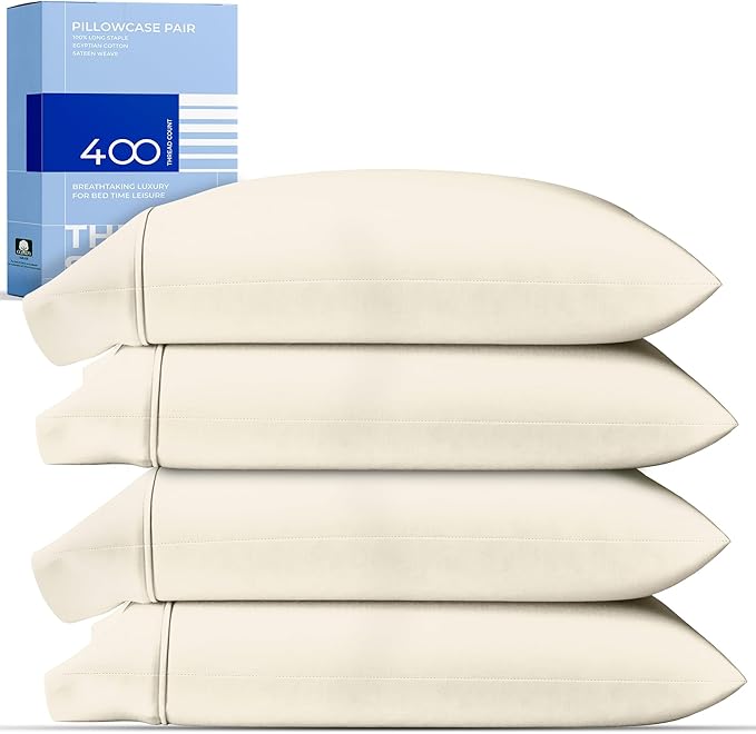 THREAD SPREAD 100% Cotton Pillow Cases Queen Size Set of 2 - Luxury 400 Thread Count Queen Pillow Cases (Ivory), Soft Cooling Breathable Hotel Quality Cotton Pillowcases, Fits Standard Pillows
