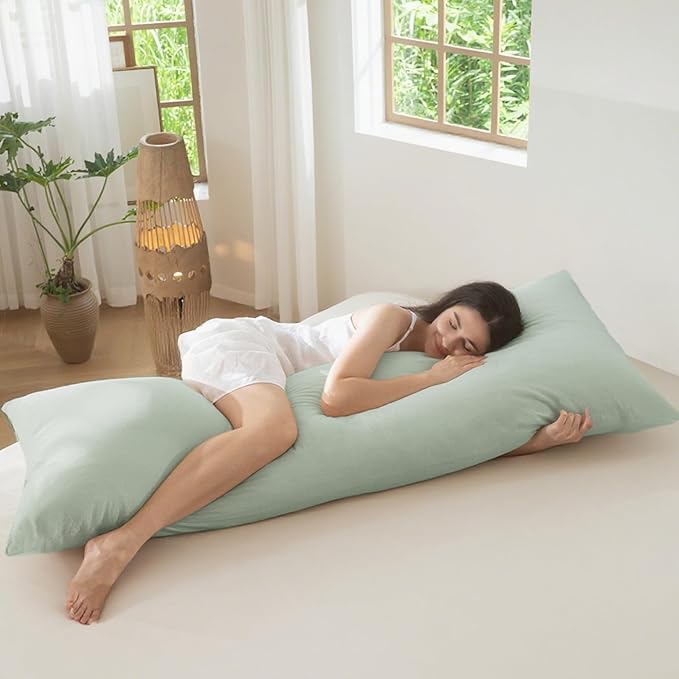 MooMee Body Pillow Cover Pillowcase with Zipper 100% Washed Cotton Linen Like Textured Breathable Durable Soft Comfy (Sage Green, 21”x54”, 1PC)