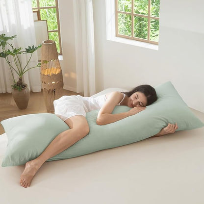 MooMee Body Pillow Cover Pillowcase with Zipper 100% Washed Cotton Linen Like Textured Breathable Durable Soft Comfy (Sage Green, 21”x54”, 1PC)