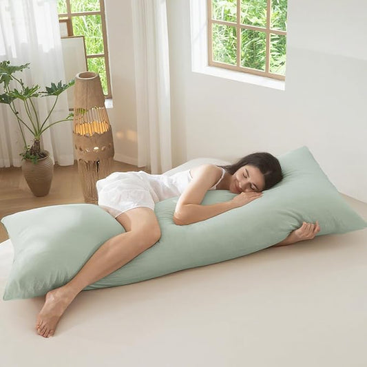 MooMee Body Pillow Cover Pillowcase with Zipper 100% Washed Cotton Linen Like Textured Breathable Durable Soft Comfy (Sage Green, 21”x54”, 1PC)