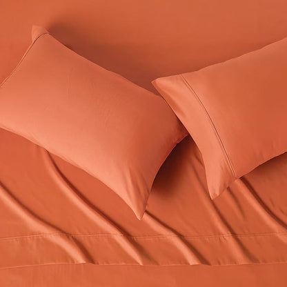 Amazon Basics Lightweight Breathable Microfiber 4-Piece Bed Sheet Set, Brick, Solid, Queen