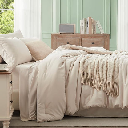 Anluoer Beige Twin Comforter Set 5 Pieces, Bed in a Bag with Sheets, All Season Bedding Sets with 1 Comforter, 1 Pillow Sham, 1 Pillowcase, 1 Flat Sheet, 1 Fitted Sheet