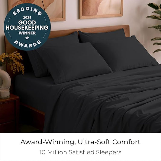 Mellanni Queen Sheet Set - 6-Piece Iconic Collection Bedding, (Including 4 Pillowcases), 21-Inch Extra Deep Pocket, Easy Care, Ultra Soft, Cooling Sheets, Brushed Microfiber - Black