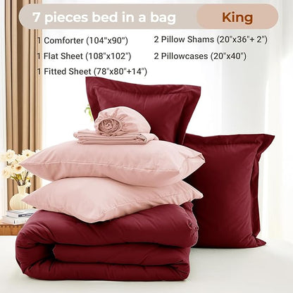 MUXHOMO 7 Pieces King Comforter Set, Soft Bed in a Bag King Size, All Season Bedding Set with Comforter, Flat Sheet, Fitted Sheet, Pillowcases & Shams, Burgundy & Rose Gold