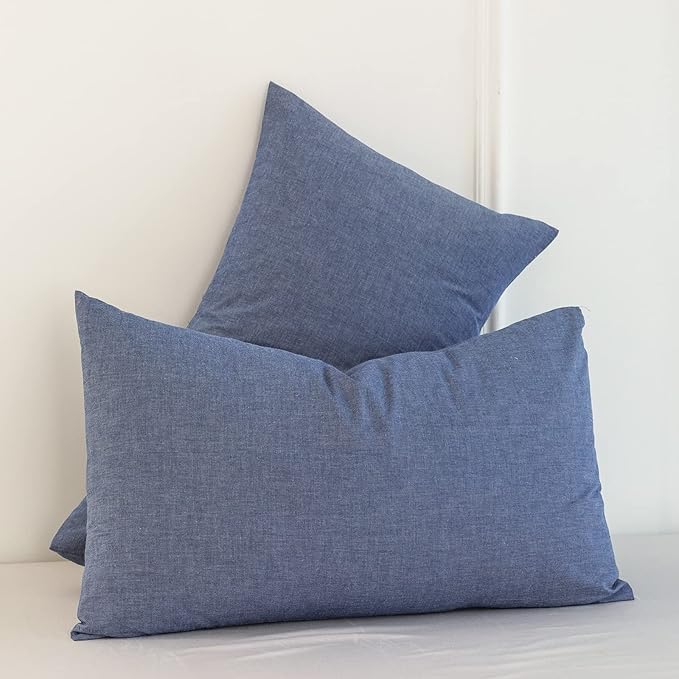MooMee Bedding Pillowcases Pack of 2 100% Washed Cotton Linen Like Textured Breathable Durable Soft Comfy (Heathered Blue, King)