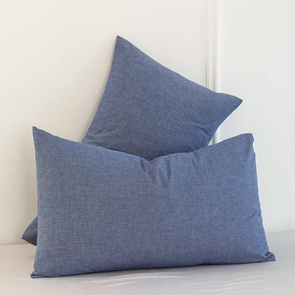 MooMee Bedding Pillowcases Pack of 2 100% Washed Cotton Linen Like Textured Breathable Durable Soft Comfy (Heathered Blue, King)