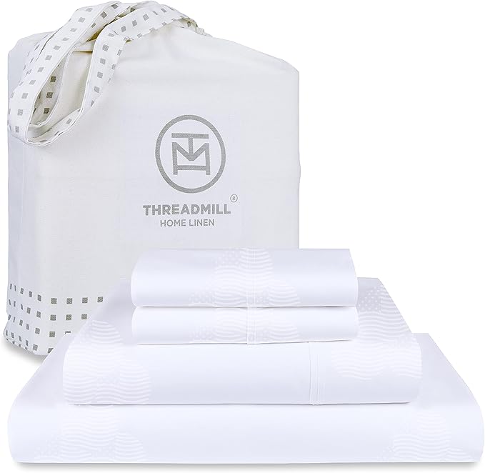 Threadmill Cotton Full Size Sheet Set | 100% Cotton Sheets for Full Size Bed | Damask Jacquard Full Bed Sheets Set with 16” Deep Pocket | Soft Sateen Weave 4-Piece Cooling Bedding Set | White