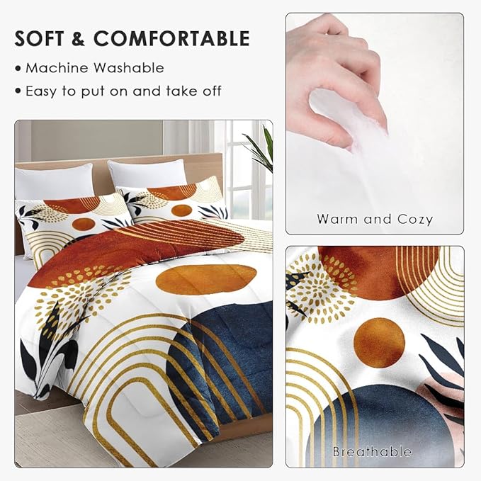 Queen Size Comforter Set with 2 Pillowcases, Mid Century 3 Pcs Bedding for Adults, Sun Boho Geometric Leaf Soft Comforter Set for Bedroom Bed Decor