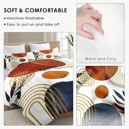 Queen Size Comforter Set with 2 Pillowcases, Mid Century 3 Pcs Bedding for Adults, Sun Boho Geometric Leaf Soft Comforter Set for Bedroom Bed Decor