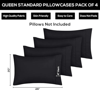 Utopia Bedding Standard Pillow Cases - 4 Pack - Envelope Closure - Soft Brushed Microfiber Fabric - Shrinkage and Fade Resistant Pillow Covers Standard Size 20 X 26 Inches (Standard, Black)