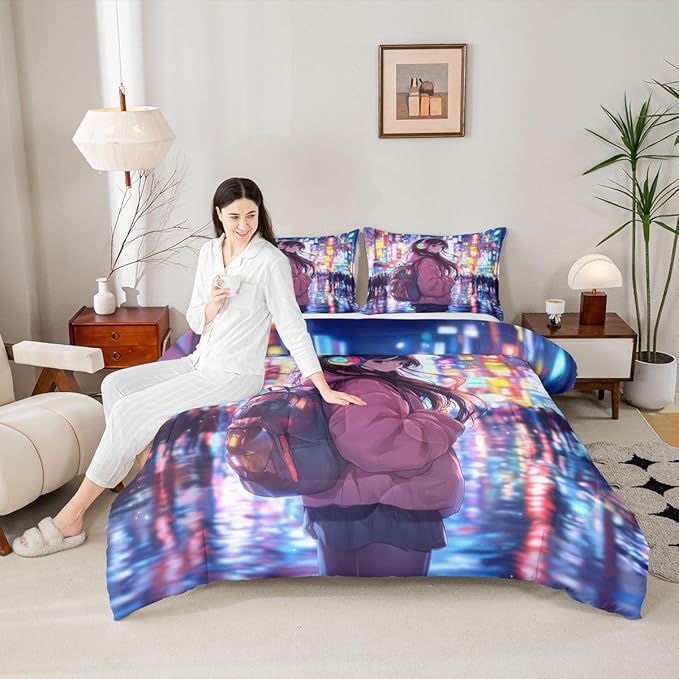 Erosebridal Cool Anime Girl Twin Down Comforter Japanese Style Kids Comforter Set 3D Cartoon Girly Anime Bedding Set Sci Fi Style Gaming Bed Set Room Decor 2 Pcs