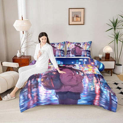 Erosebridal Cool Anime Girl King Down Comforter Japanese Style Kids Comforter Set 3D Cartoon Girly Anime Bedding Set Sci Fi Style Gaming Bed Set Room Decor 3 Pcs