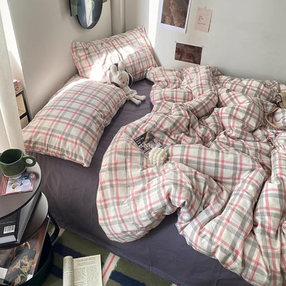 EAVD Vintage Style Plaid Duvet Cover Queen Grey Pink Grid Soft 100% Washed Cotton Reversible Bedding Set Farmhouse Grid Checkered Bedding Set with 2 Pillowcases Modern Gingham Duvet Cover with Zipper