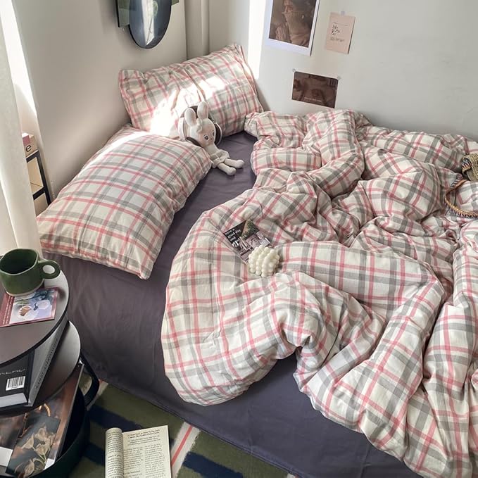 EAVD Vintage Style Plaid Duvet Cover King Grey Pink Grid Soft 100% Washed Cotton Reversible Bedding Set Farmhouse Grid Checkered Bedding Set with 2 Pillowcases Modern Gingham Duvet Cover with Zipper