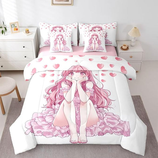 Erosebridal Pink Kawaii Bedding Set for Kids,Cute Anime Girl Bed in A Bag Japanese Style Girl Twin Comforter Set 7 Piece Girly Sheet Set with Comforter Bedroom Decor